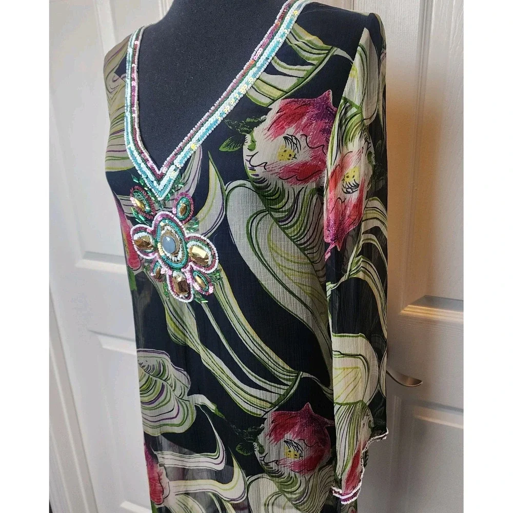 S Embellished Sequin Sheer Cover Up Dress Top Black Floral Resort‎ Cruise Beach